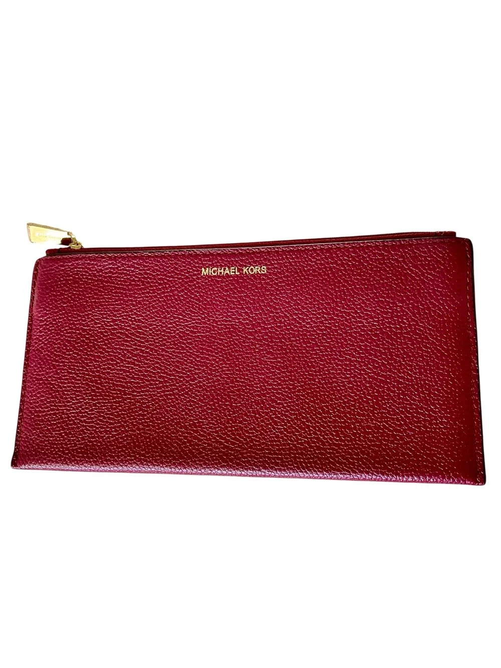 Michael Kors Large Zip Clutch Wallet Red Pebbled Leather Gold Hardware NWOT